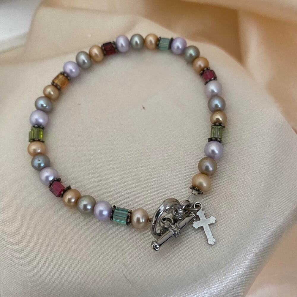 Vintage Freshwater Pearl Crystal Cross Bracelet Pastel Toggle Clasp Faith